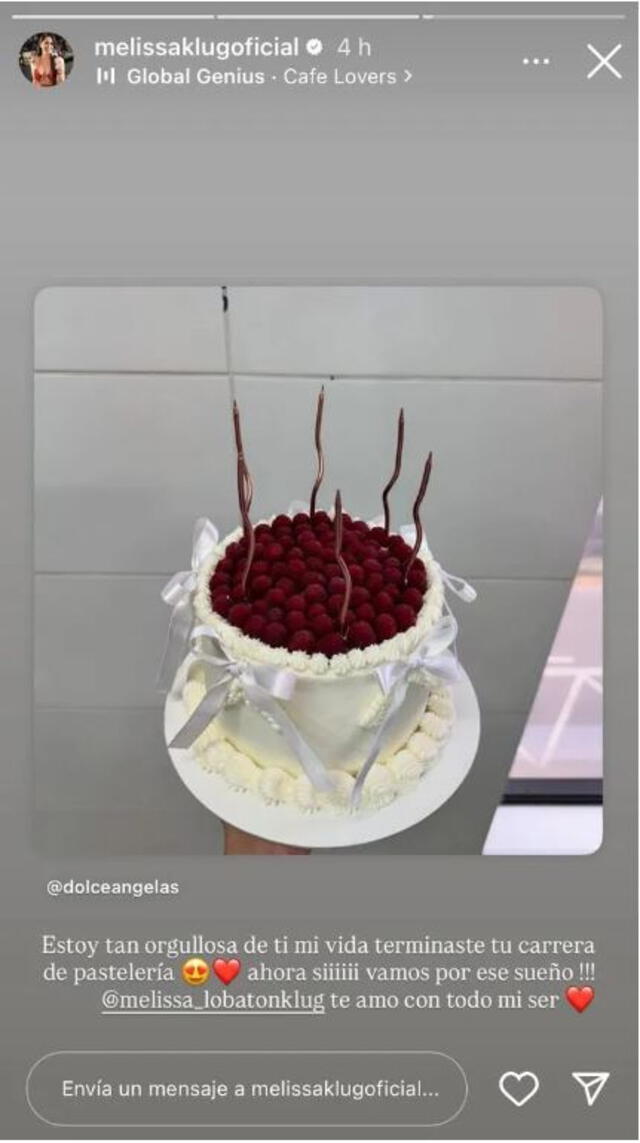 Melissa Klug se mostró orgullosa y anunció que su hija Melissa Lobatón culminó su carrera de pastelería. Foto: Melissa Klug.   