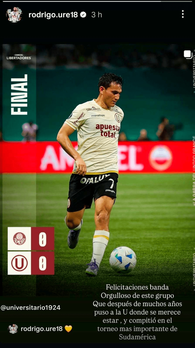 Publicación de Rodrigo Ureña tras la eliminación de Universitario. Foto: captura de rodrigo.ure18/Instagram Publicación de Rodrigo Ureña tras la eliminación de Universitario. Foto: captura de rodrigo.ure18/Instagram