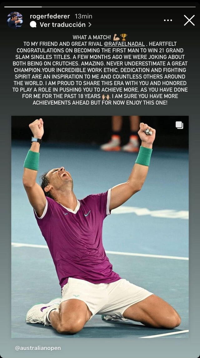 El suizo tuvo unas sentidas palabras para Nadal en su cuenta de Instagram. Foto: Instagram Roger Federer.