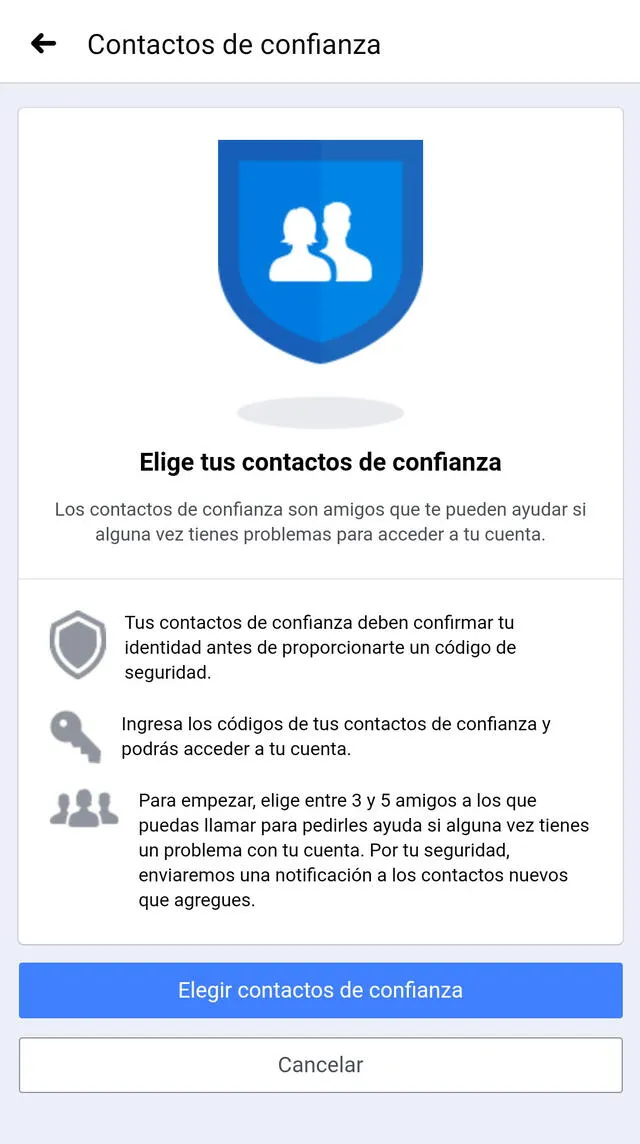 Contactos de confianza en versión móvil de Facebook