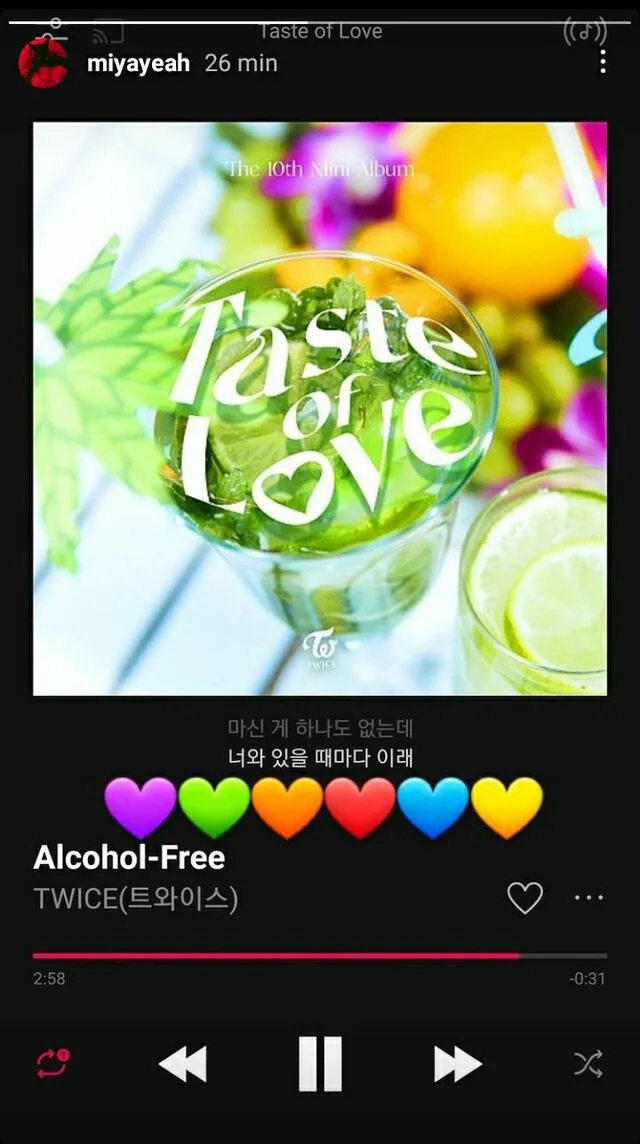 Post de Sunmi sobre "Alcohol-free" de TWICE en YouTube. Foto: captura Instagram