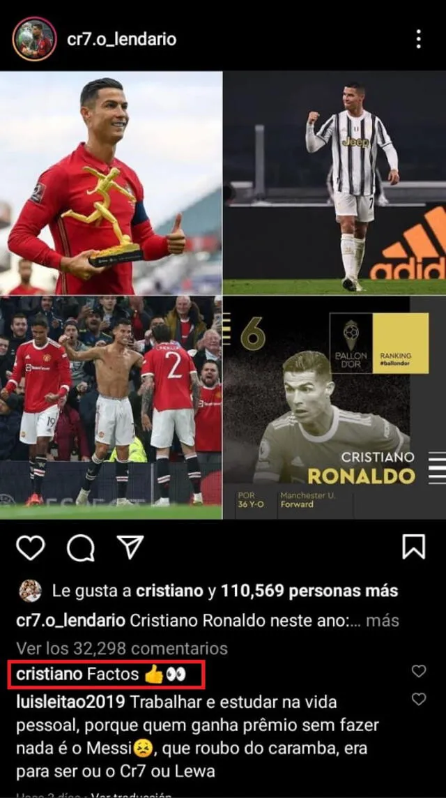 La publicación de ‘cr7.o-lendario’ sobre el Balón de oro que recibió Lionel Messi. Foto: captura Instagram