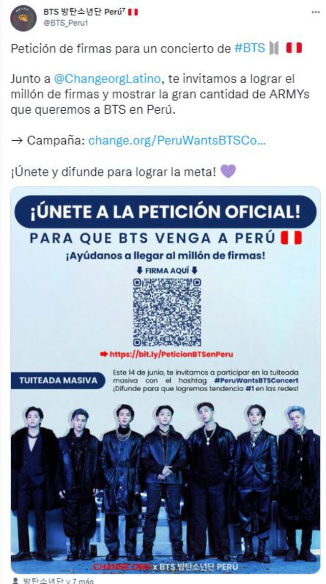 BTS en Perú: así es la campaña que impulsan los fans ARMY. Foto: Twitter