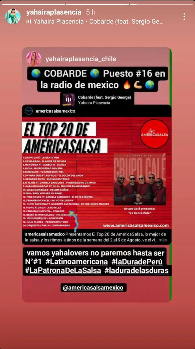 "Cobarde" figura en top de radio mexicana. Foto: captura Instagram