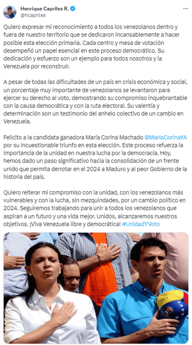 Primaria 2023: ¿qué políticos felicitaron a María Corina Machado tras su victoria? | Delsa Solórzano | Tamara Adrián | Henrique Capriles | X | Twitter | Primarias en Venezuela