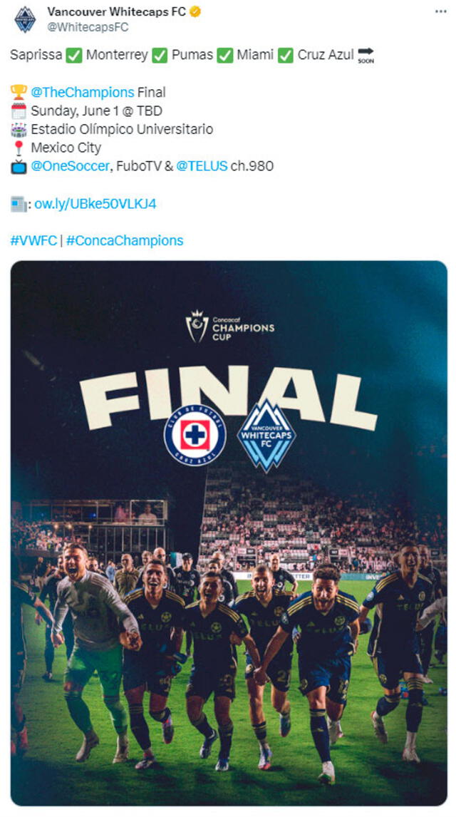 Publicación de Vancouver Whitecaps sobre la final de la Concachampions 2025. Foto: WhitecapsFC / X   