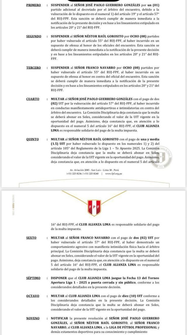Informe de la Comisión de Disciplina de la FPF. Foto: FPF Informe de la Comisión de Disciplina de la FPF. Foto: FPF