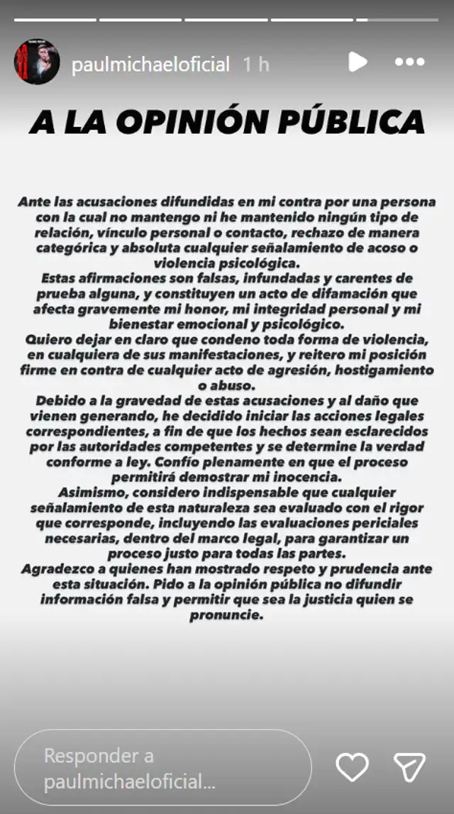  Comunicado de Paul Michael. Foto: IG   