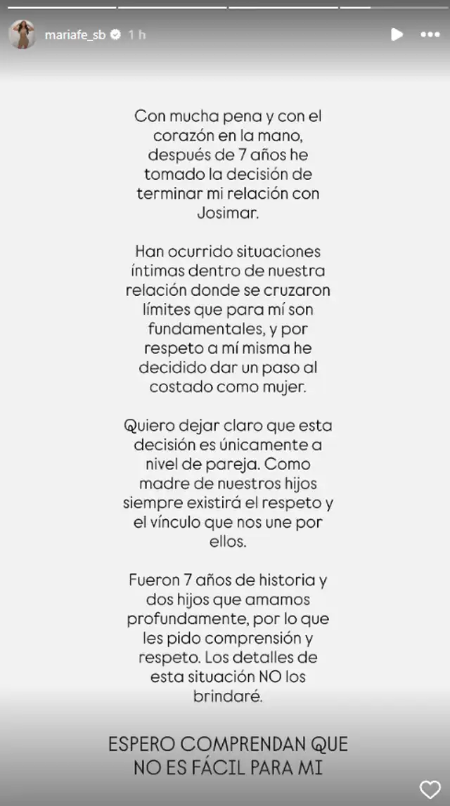 Comunicado de María Fe Saldaña anunciando el fin de su matrimonio con Josimar. Foto: Instagram. Comunicado de María Fe Saldaña anunciando el fin de su matrimonio con Josimar. Foto: Instagram.