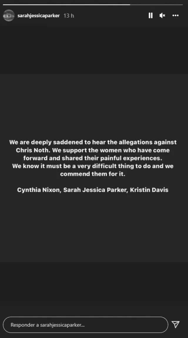 Protagonistas de Sex and the city respaldan a mujeres que denunciaron a Chris Noth de abuso sexual. Foto: Sarah Jessica Parker/Instagram