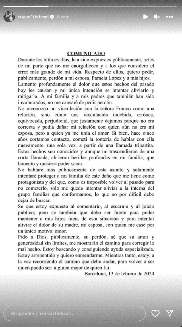  Publicación de Christian Cueva en la que admite infidelidad a Pamela López. Foto: Christian Cueva/ Instagram<br>   