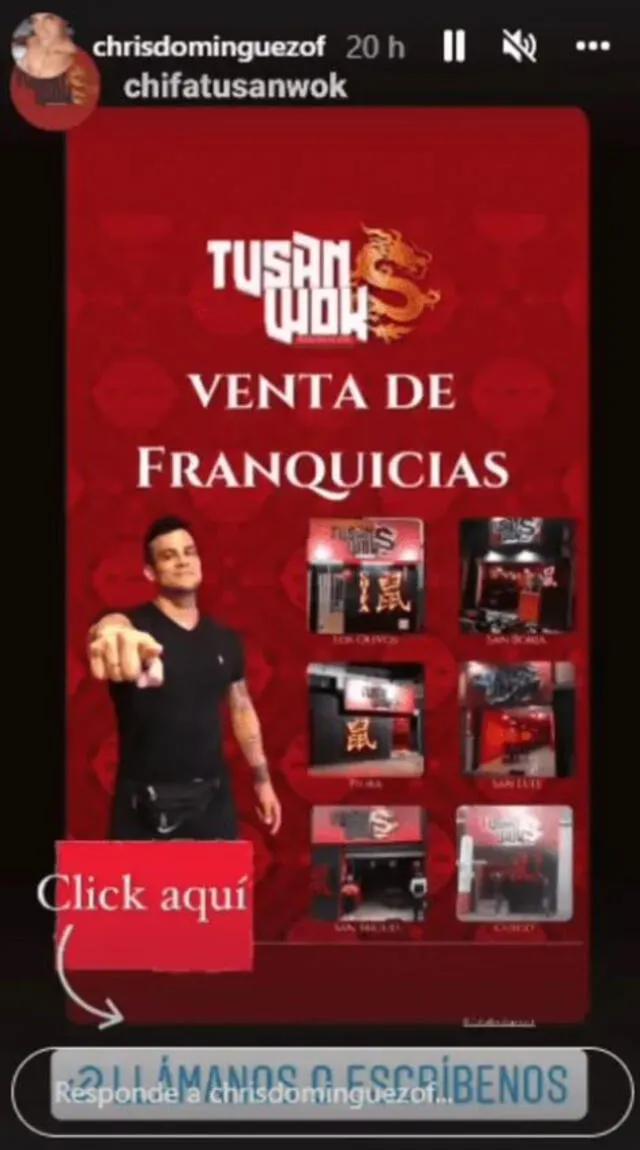  Christian Domínguez vende franquicias de Tusan Wok. Foto: captura/Instagram    
