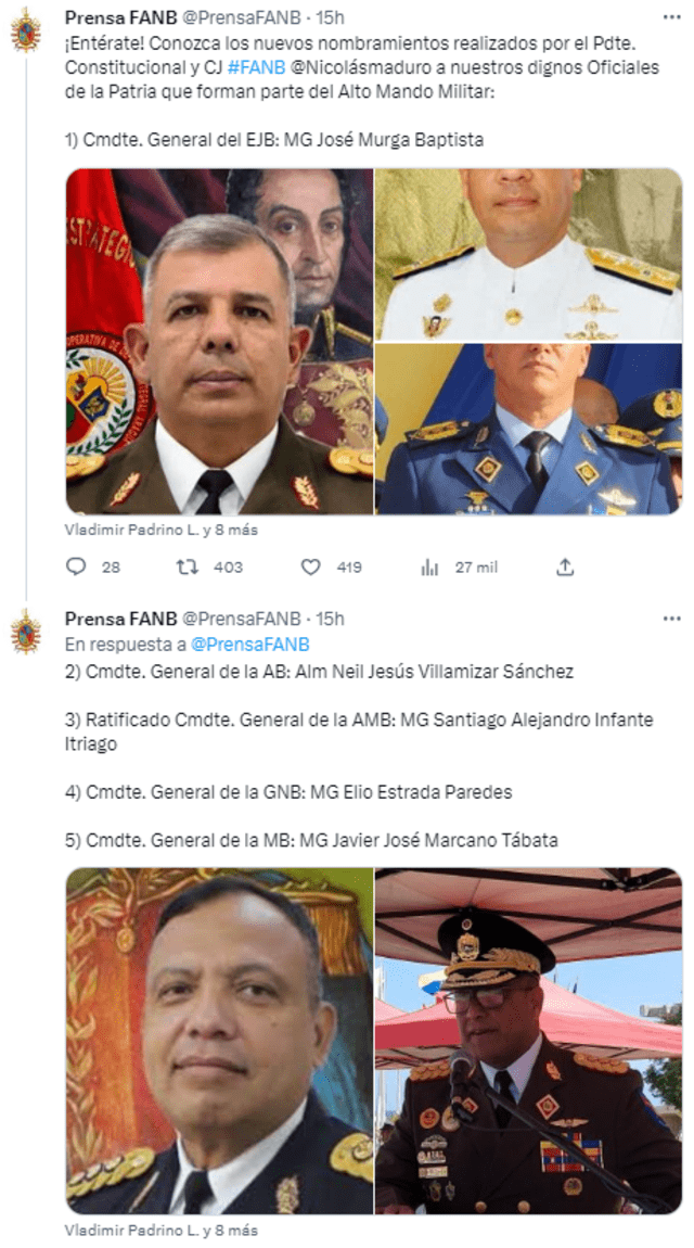 La cuenta oficial de Twitter de Prensa FANB confirmó los cambios. Foto: Prensa FANB/Twitter