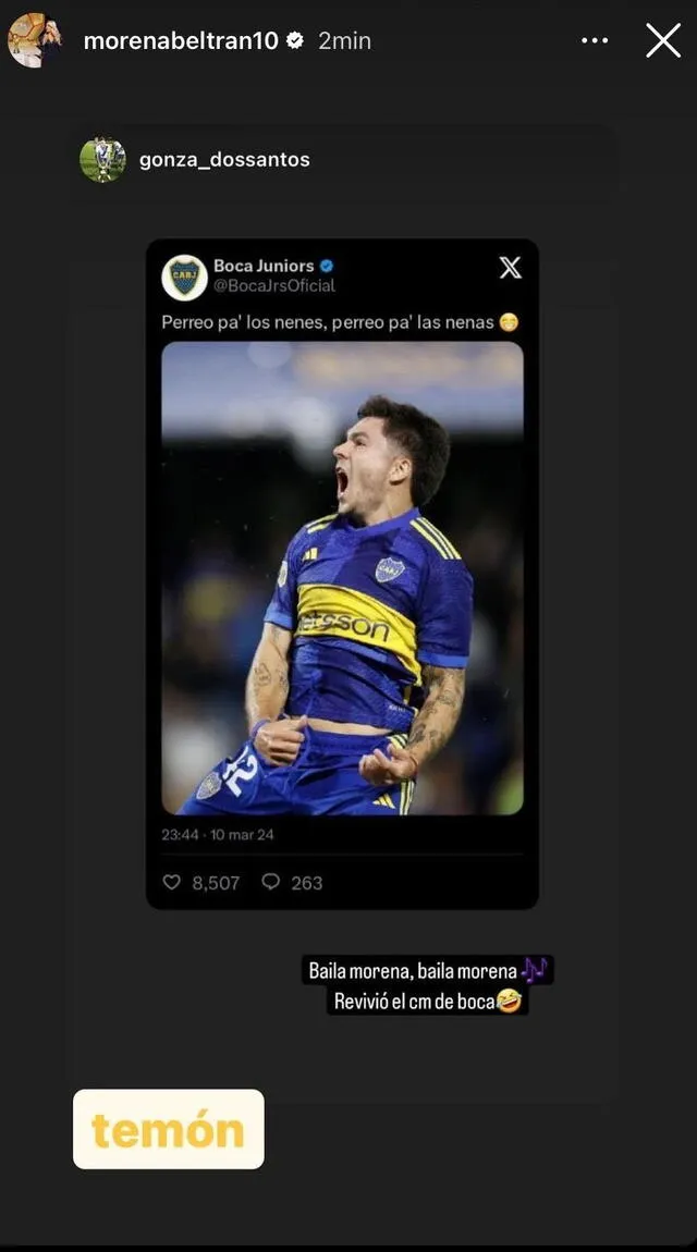  Reacción de Morena Beltrán al tuit de Boca Juniors. Foto: Captura de Instagram/Morena Beltrán.   