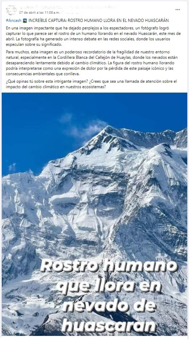  Desinformación sobre el nevado Huascarán. Foto: captura de Facebook   