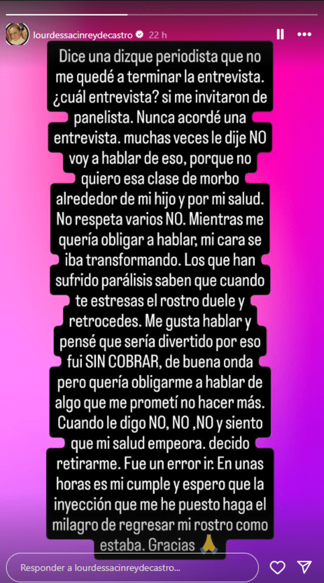  Lourdes Sacín lanzó un comunicado en redes sociales sobre el incidente en un podcast. Foto: Instagram    