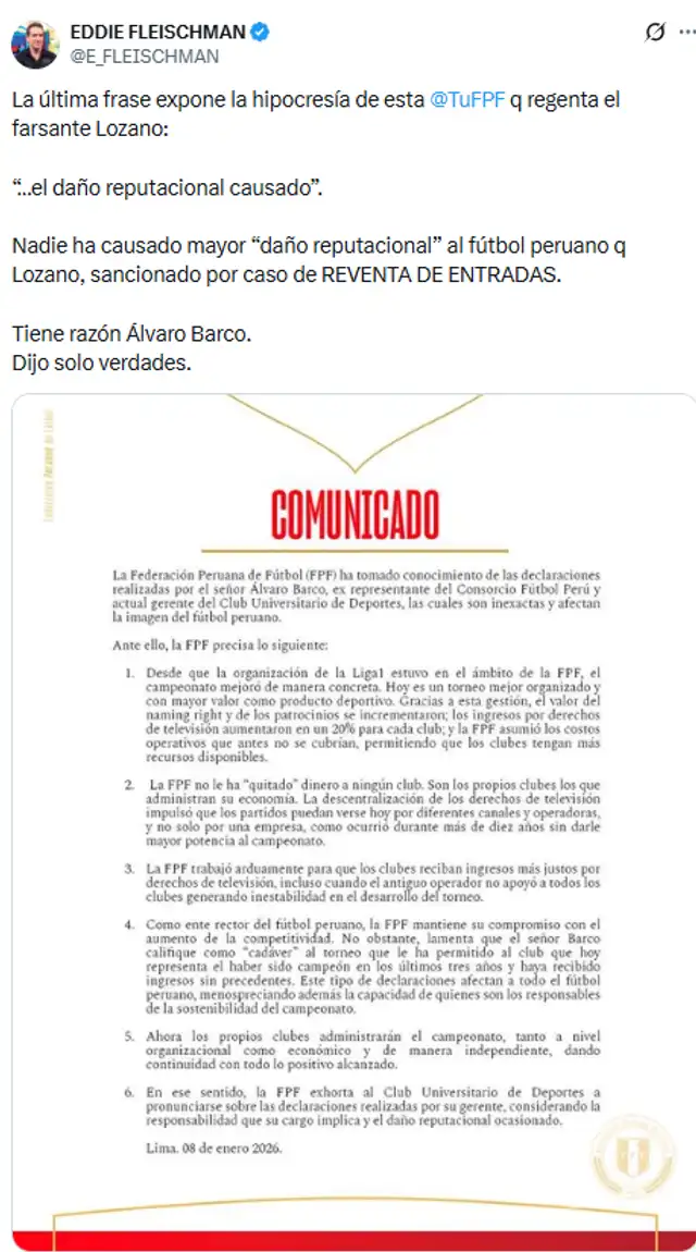 Eddie Fleischman se pronuncia sobre comunicado de la FPF. Foto: X   