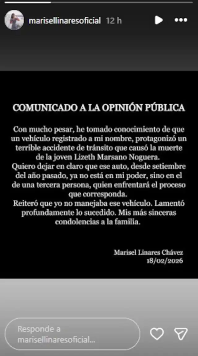 Comunicado de Marisel Linares. Foto: Instagram.   