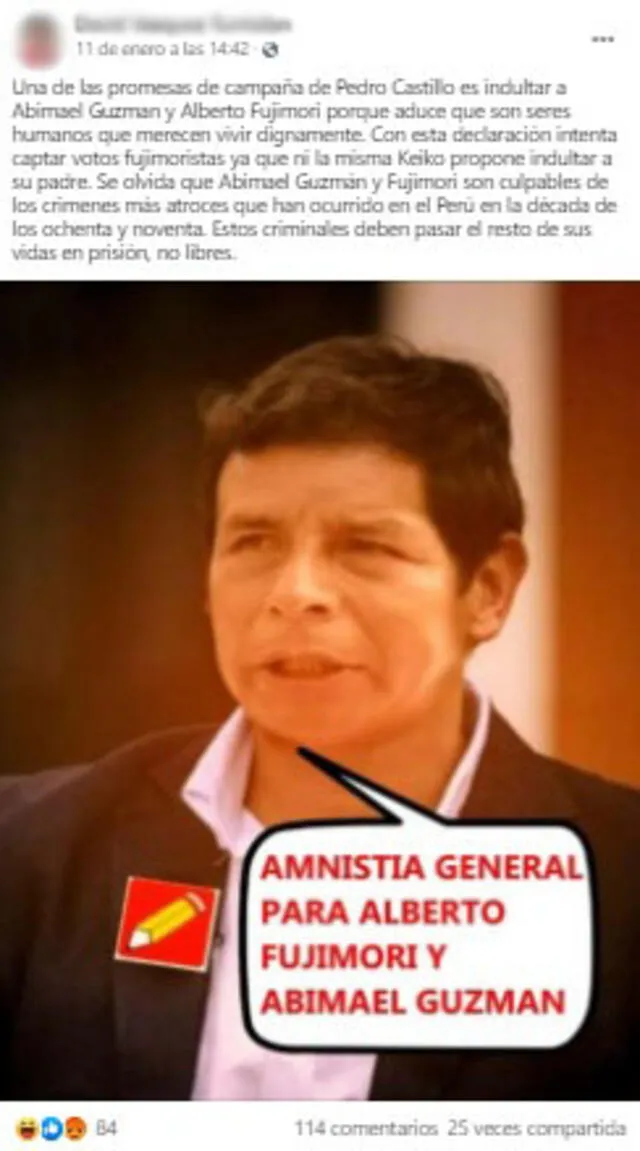 No, Pedro Castillo no promete el indulto a Abimael Guzmán y Alberto Fujimori en su campaña. Foto: captura en Facebook.