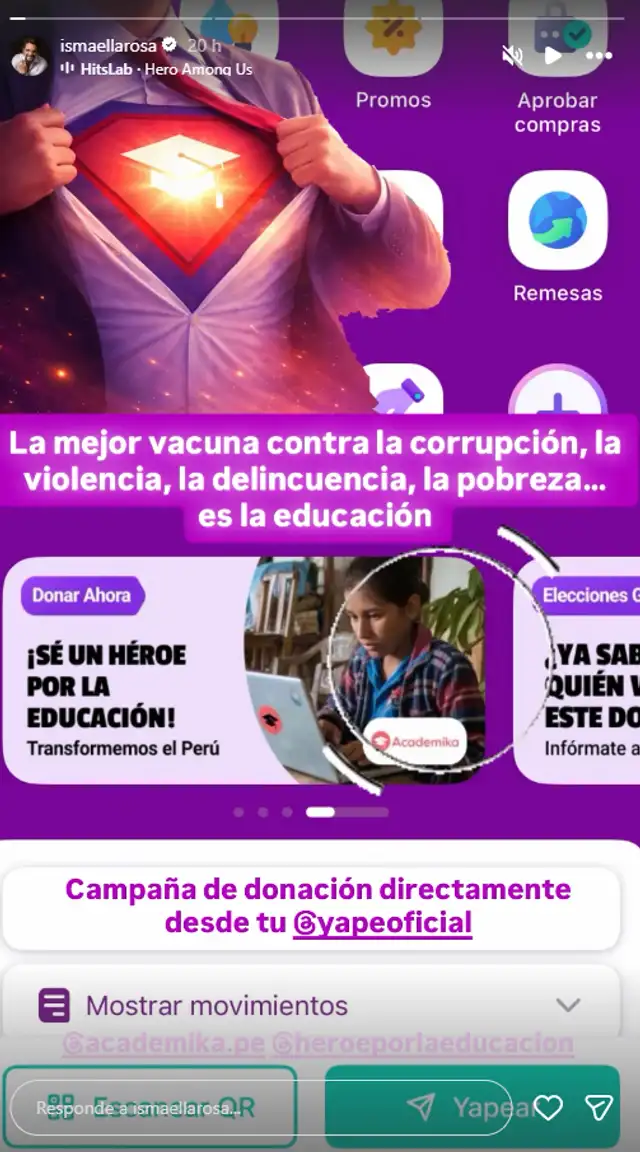Publicación de Ismael La Rosa dirigiendose a los usuarios que usan Yape para que puedan apoyar Academika. Foto: Instagram.  
