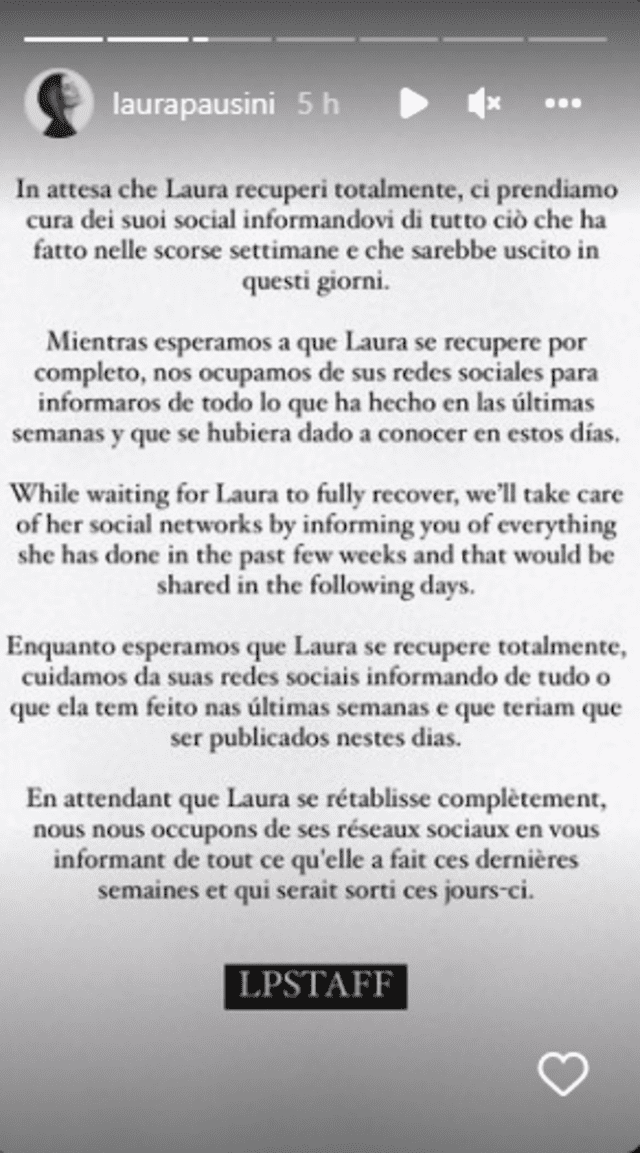 Este el último mensaje que se tiene de la salud de Laura Pausini. Foto: Instagram