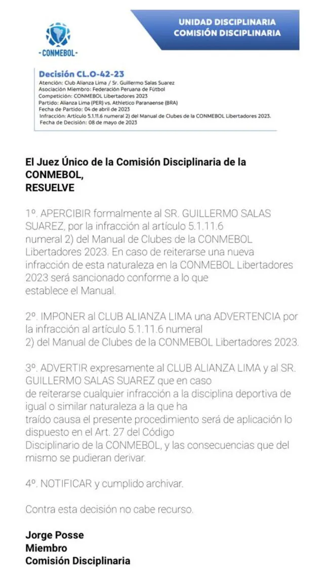  Advertencia de la Conmebol a Alianza Lima. Foto: Conmebol.   
