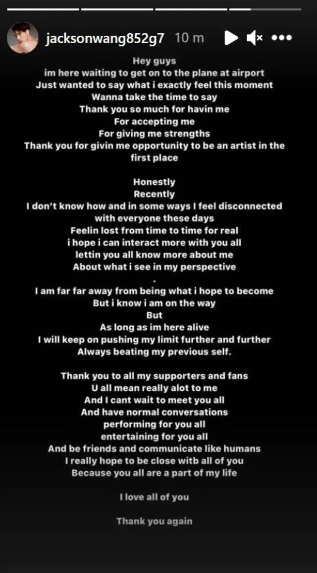 Mensaje de Jackson Wang a sus Ahgase. Foto: captura Instagram