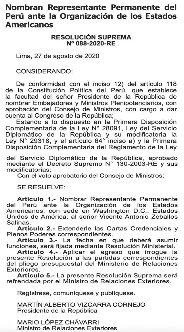 Resolución Suprema que nombra a Vicente Zeballos como representante permanente del Perú ante la OEA.