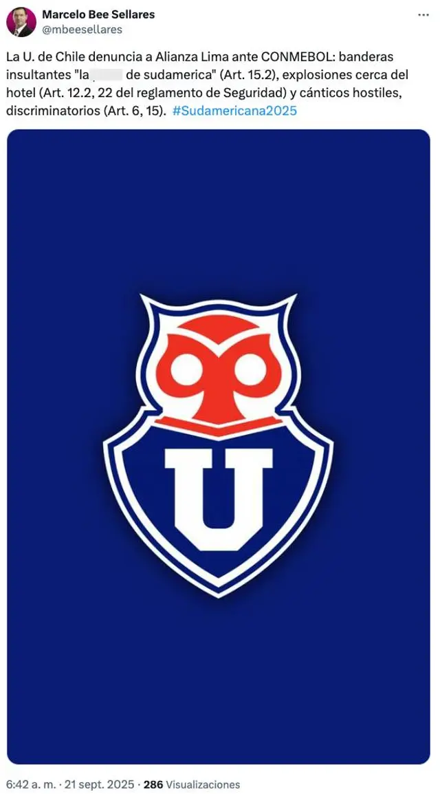 Denuncia de la U. de Chile. Foto: X/Marcelo Bee Sellares. Denuncia de la U. de Chile. Foto: X/Marcelo Bee Sellares.