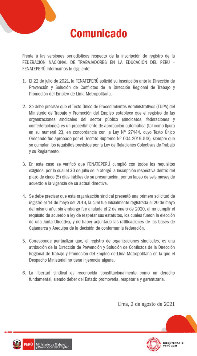 Comunicado del MTPE.