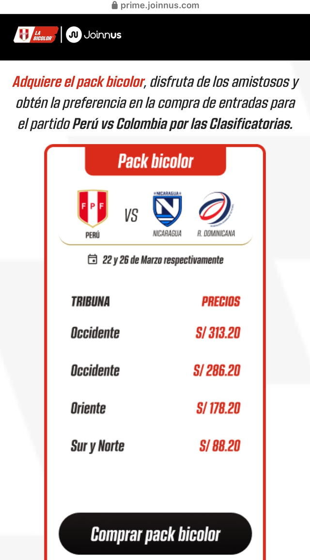 Precios amistosos selección peruana. Foto: Joinnus.   