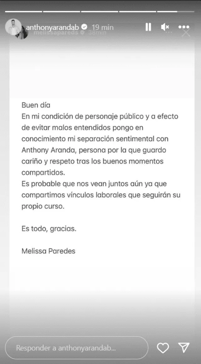 Anthony Aranda se pronunció luego que Melissa Paredes comunicara el fin de su relación. Foto: Instagram/Anthony Aranda 