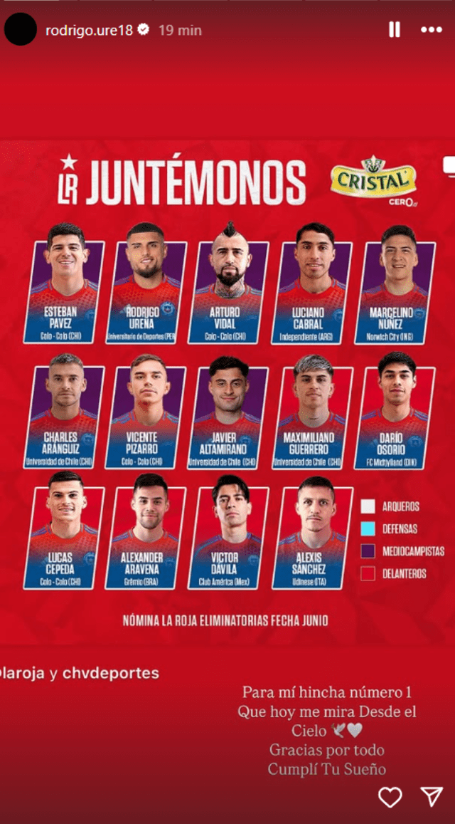Storie de Rodrigo Ureña tras ser convocado en la selección chilena. Foto: captura de Instagram Storie de Rodrigo Ureña tras ser convocado en la selección chilena. Foto: captura de Instagram