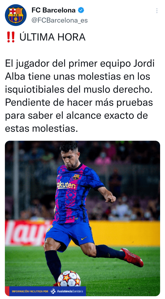 Barcelona anunció la lesión de Jordi Alba al terminar el encuentro con el Bayern. Foto: Twitter FC Barcelona.