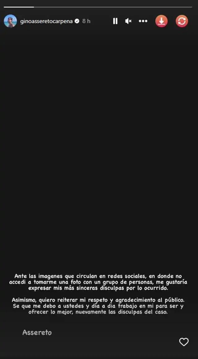  Gino Assereto deja mensaje. Foto: captura/Instagram    