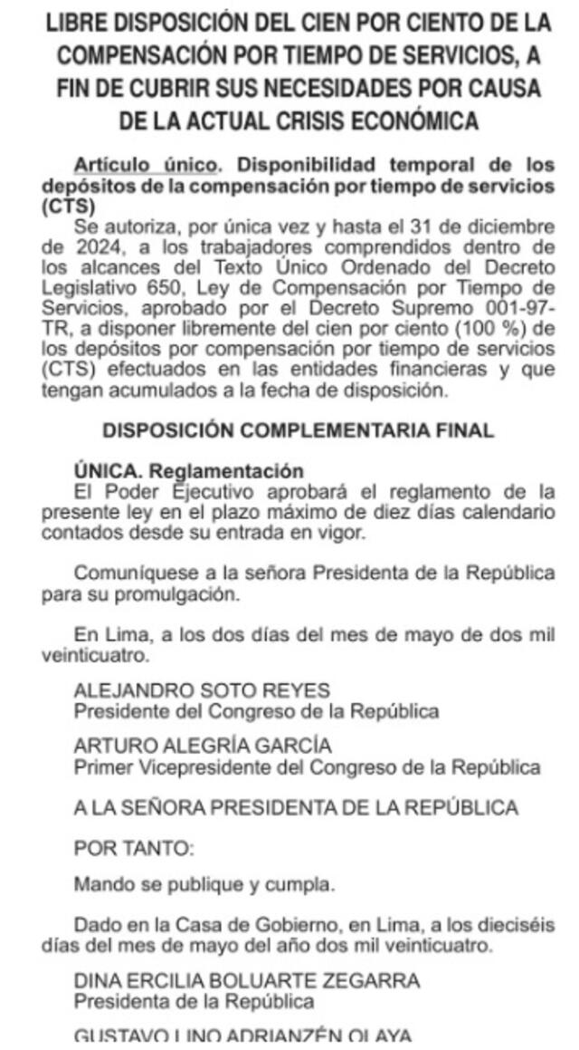 Ley que autoriza el retiro CTS. Foto: El Peruano   