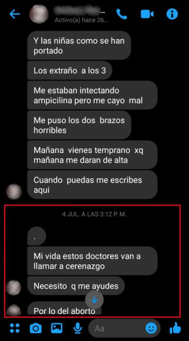 Chat donde Diana Aleman expresaba su temor por los abusos en el hospital María Auxiliadora. Foto: Salud con Lupa   