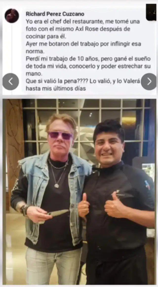 Publicación anterior de joven chef junto a Axl Rose.   