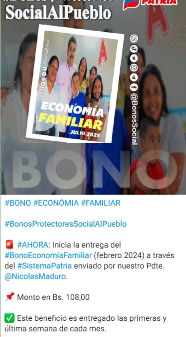 Anuncio del Bono Economía Familiar para febrero de 2024. Foto: Canal Patria Digital   