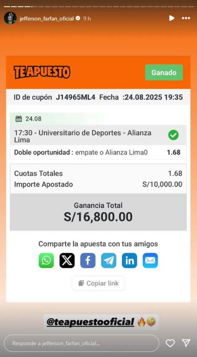 Apuesta de Jefferson Farfán. Foto: captura de Instagram.   