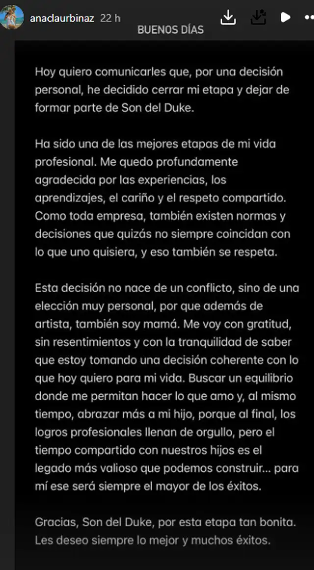 A través de un comunicado en Instagram, Ana Claudia Urbana afirmó que su decisión es personal y se debe a la necesidad de pasar más tiempo con su hijo.