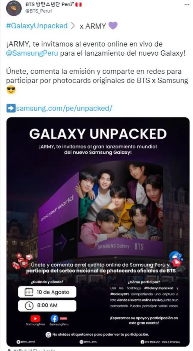 BTS: fanbase anuncia sorteo por el Galaxy Unpacked. Foto: Twitter
