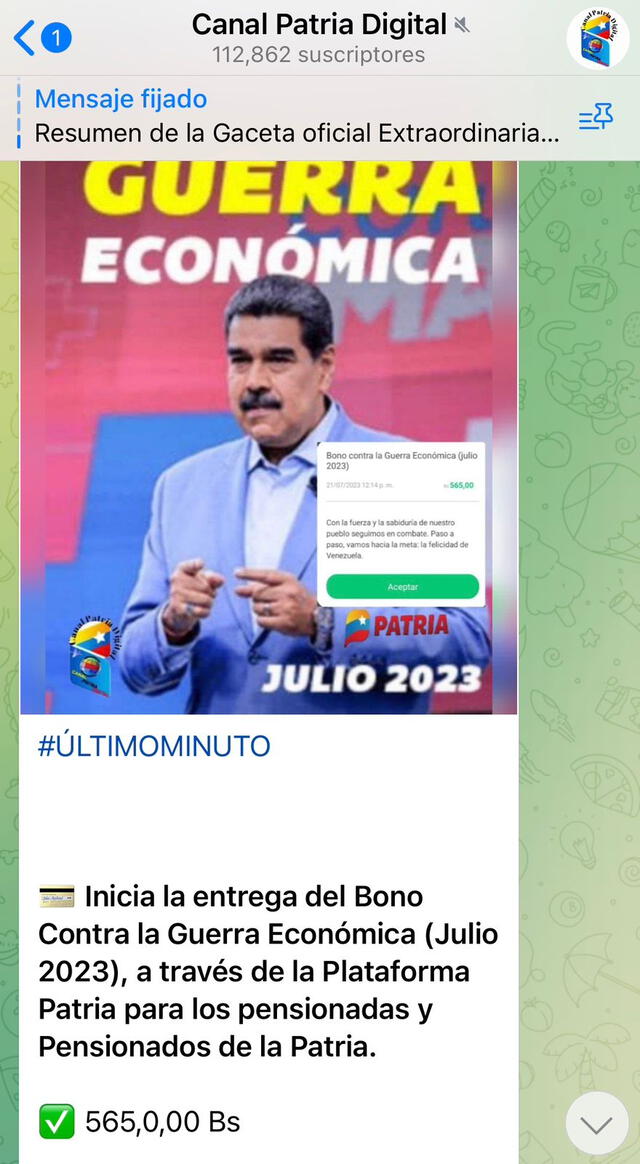  Este es el monto del Bono de Guerra de julio 2023 para pensionados. Foto: Canal Patria Digital/ Telegram   