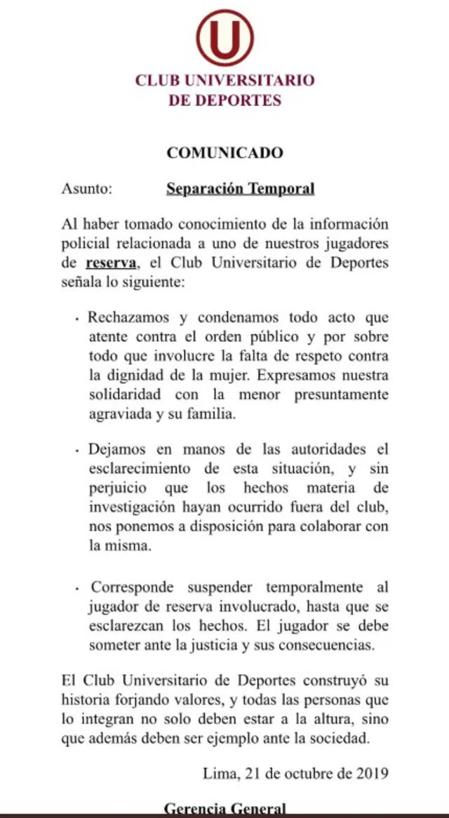 Universitario de Deportes: comunicado sobre la separación de juvenil denunciado por abuso sexual