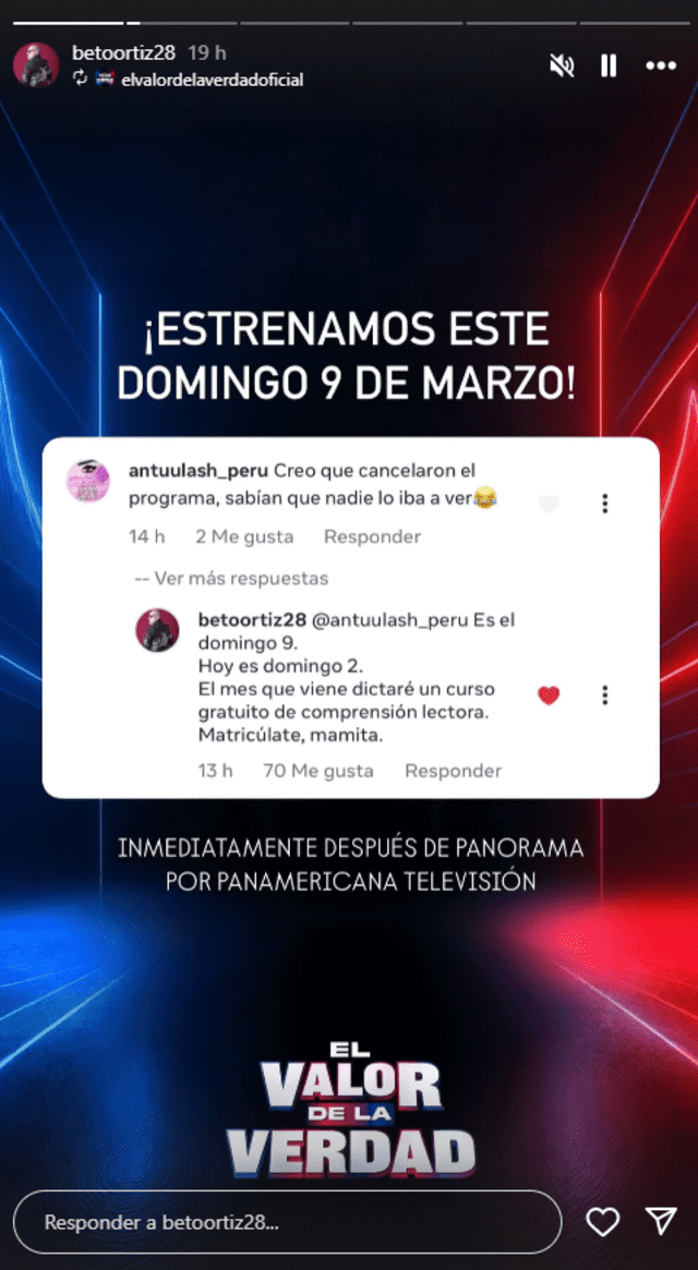  Beto Ortiz le responde a usuaria. Foto: Instagram    