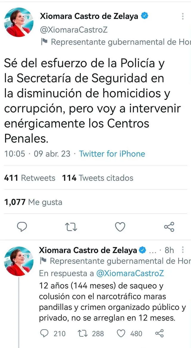 La presidenta de Honduras, Xiomara Castro, anunció su intervención en penales. Foto: Twitter/Xiomara Castro de Zelaya.