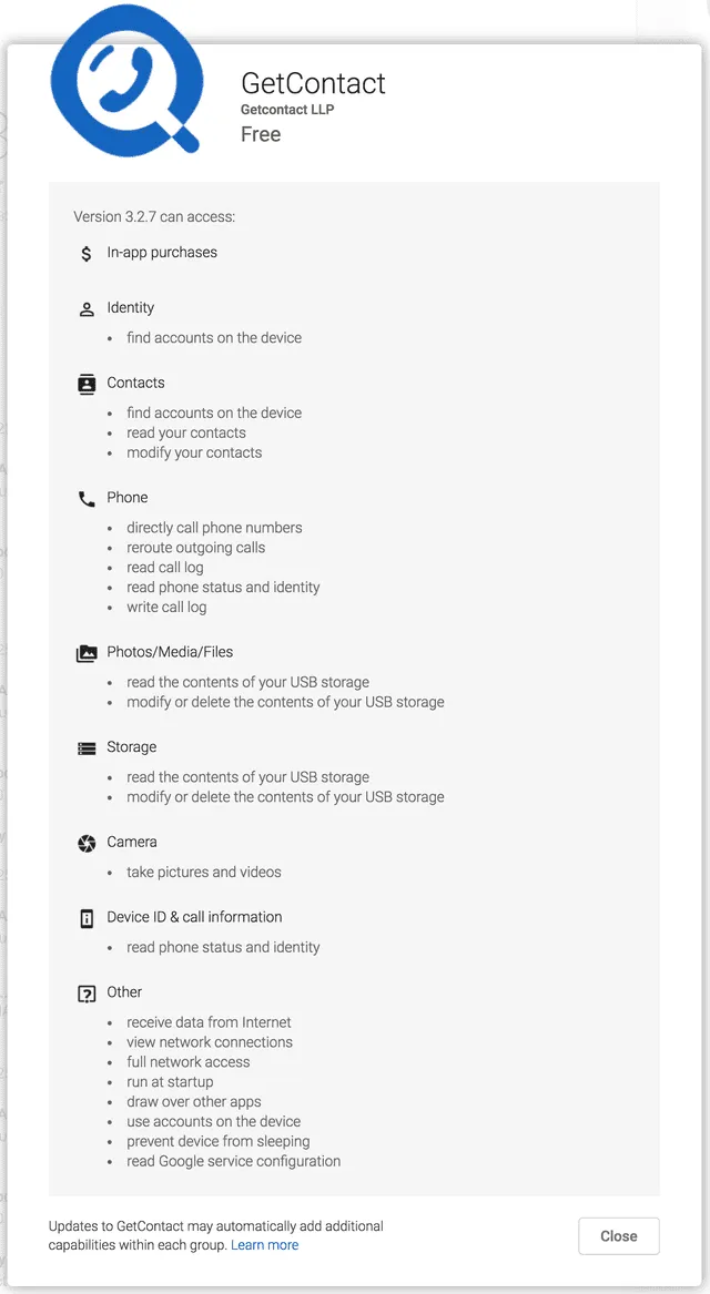 Estos son los permisos que pide Getcontac. Foto: Kaspersky<br><br> Estos son los permisos que pide Getcontac. Foto: Kaspersky<br><br>