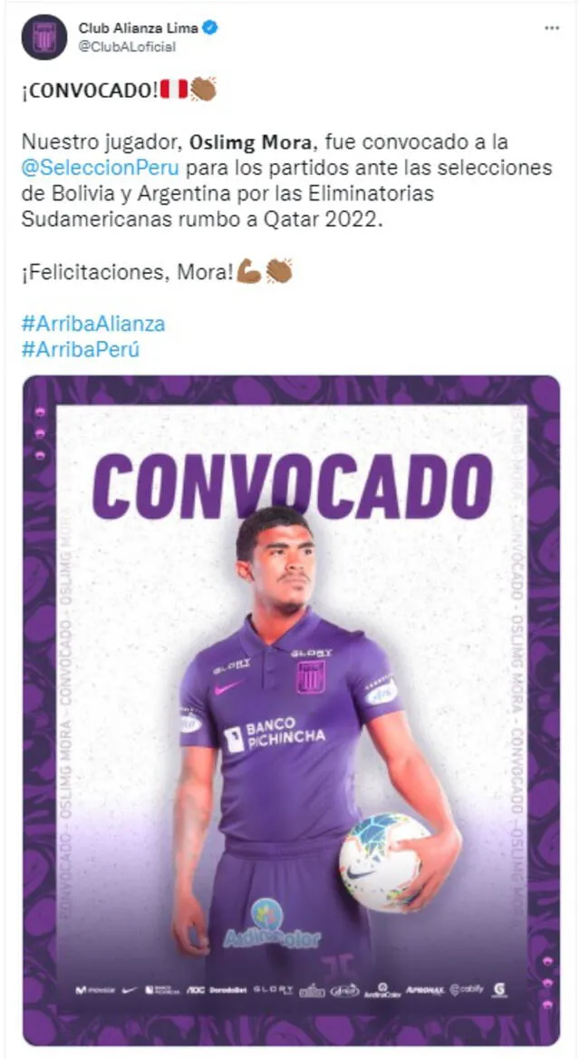 Alianza Lima felicitó a Oslimg Mora por su llamado a la selección mayor.