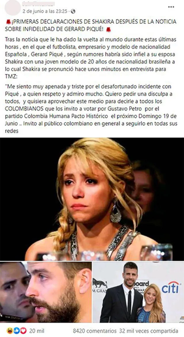 Publicación sobre Shakira. Foto: captura en Facebook.