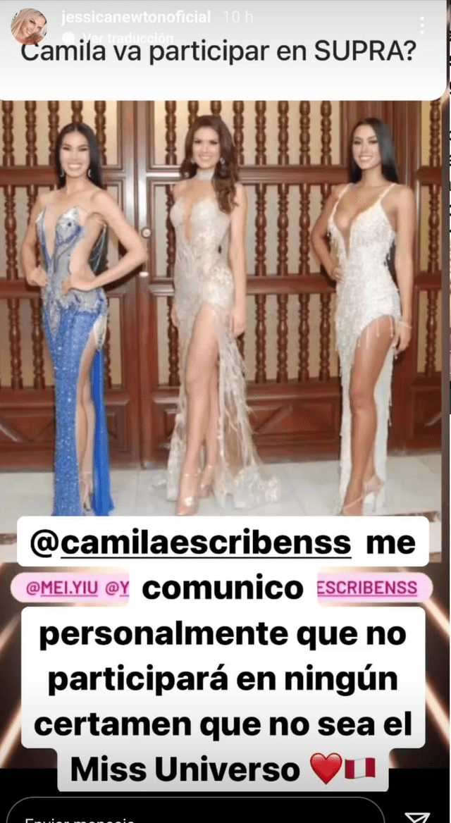 Jessica Newton acusa a Camila Escribens solo querer participar en el Miss Universo. Foto: Instagram